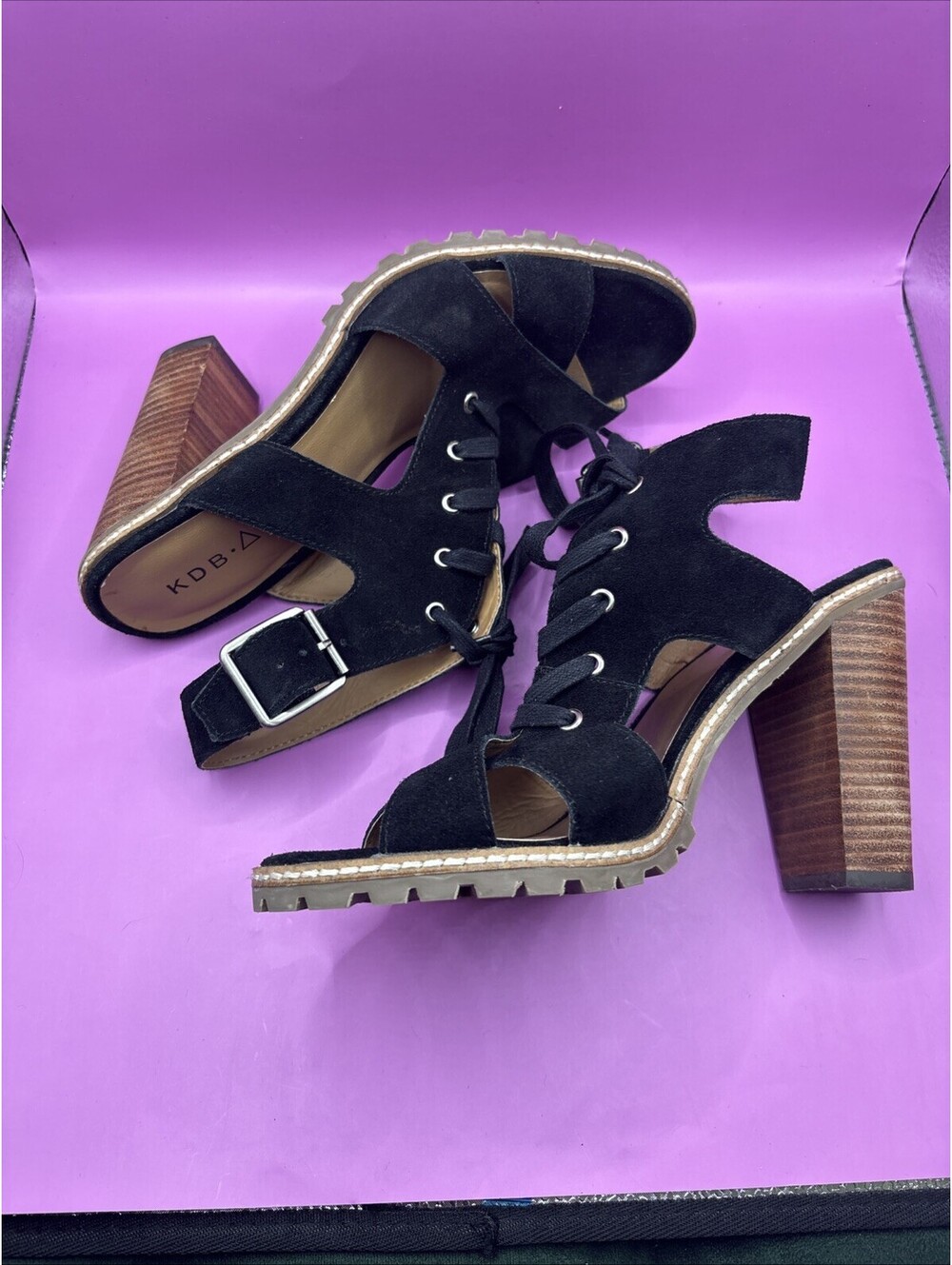 KDB Black Suede Lace-Up Block Heel Sandals with Buckle